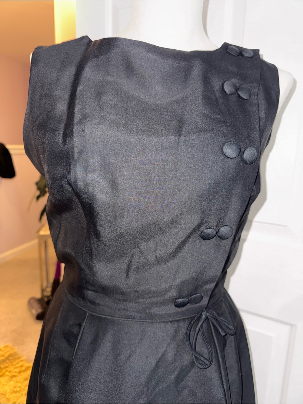 Vintage 1960s Gay Gibson Navy Blue Satin Cocktail Dress Covered Buttons
